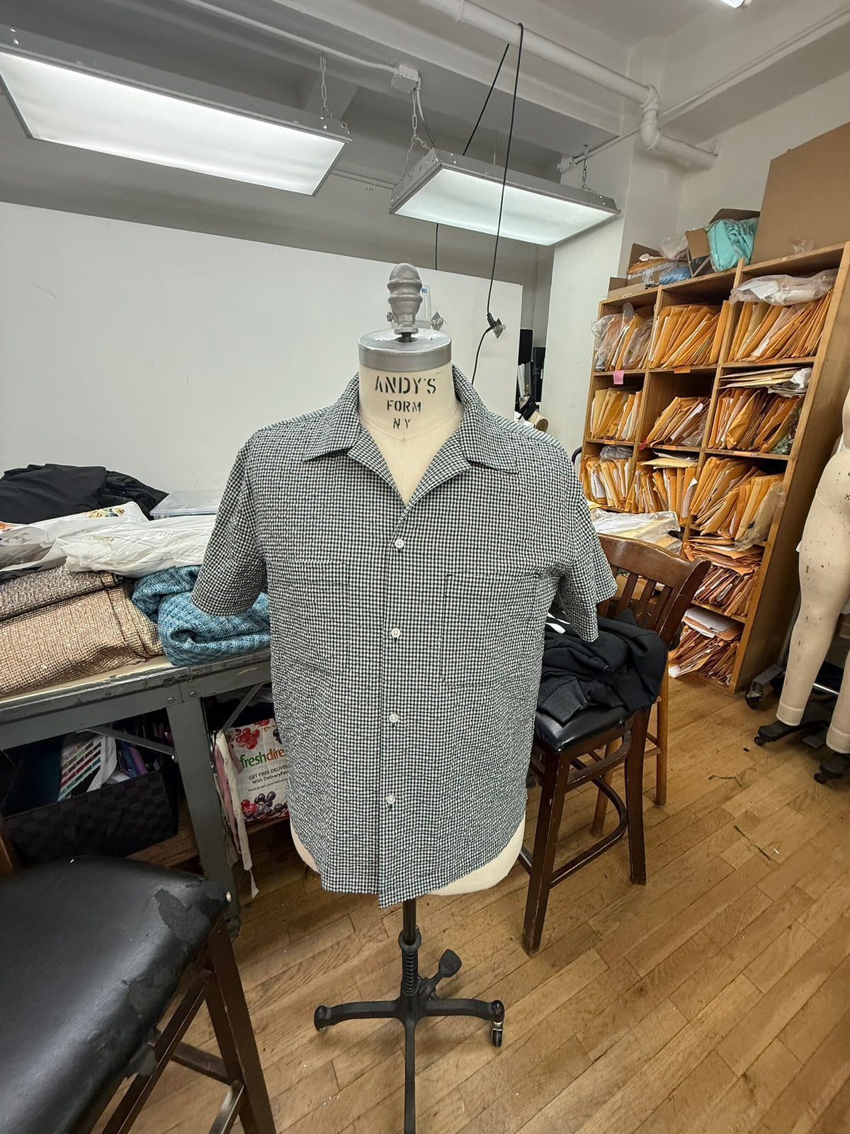 NYC Shirt on a dress form in the Garment District sewing studio where it is made